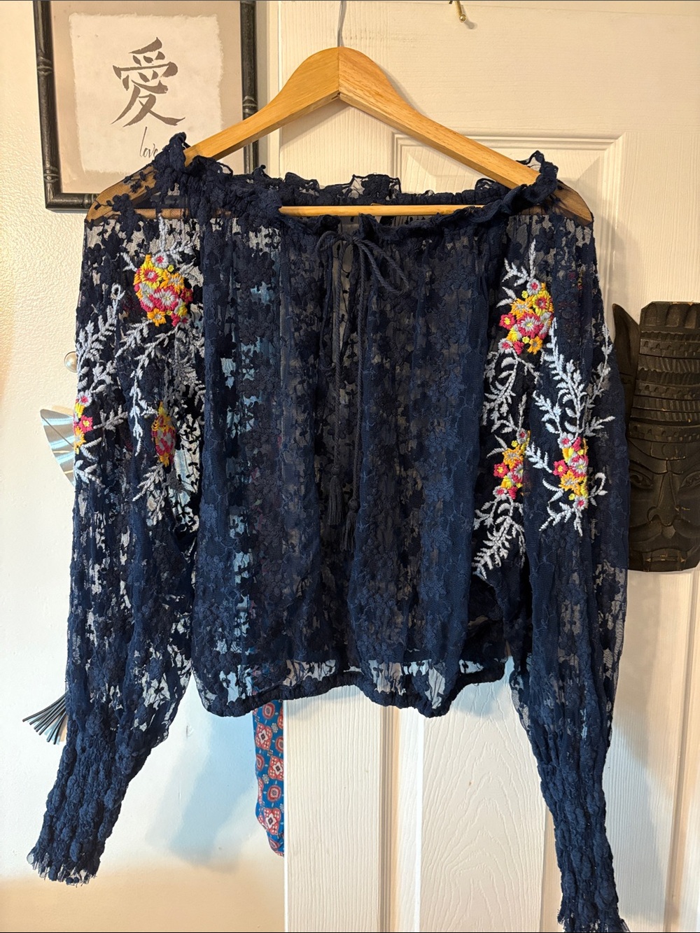 Free People Navy Lace Off-Shoulder Embroidered Peasant Top